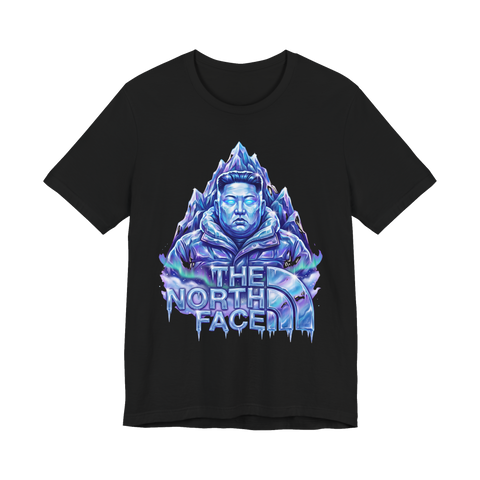 Icy portrait of Kim Jong Un in a puffer jacket above THE NORTH FACE lettering, on a t-shirt — Black
