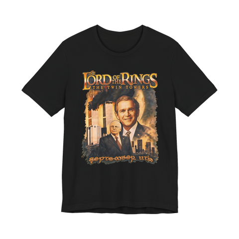 The Twin Towers 2001 Crossover T-Shirt — George W Bush Dick Cheney — Black
