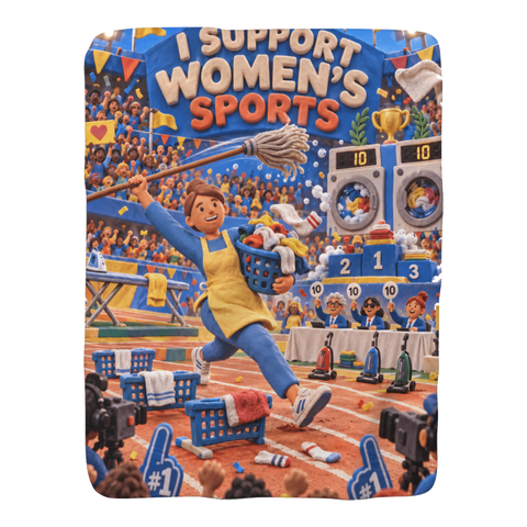 Clay mom doing household chores with laundry and mop, I SUPPORT WOMEN'S SPORTS, on a wall art