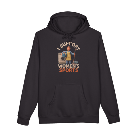 Clay mom doing household chores with laundry and mop, I SUPPORT WOMEN'S SPORTS, on a hoodie — Black