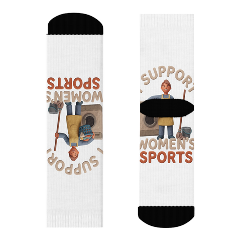 Clay mom doing household chores with laundry and mop, I SUPPORT WOMEN'S SPORTS, on socks