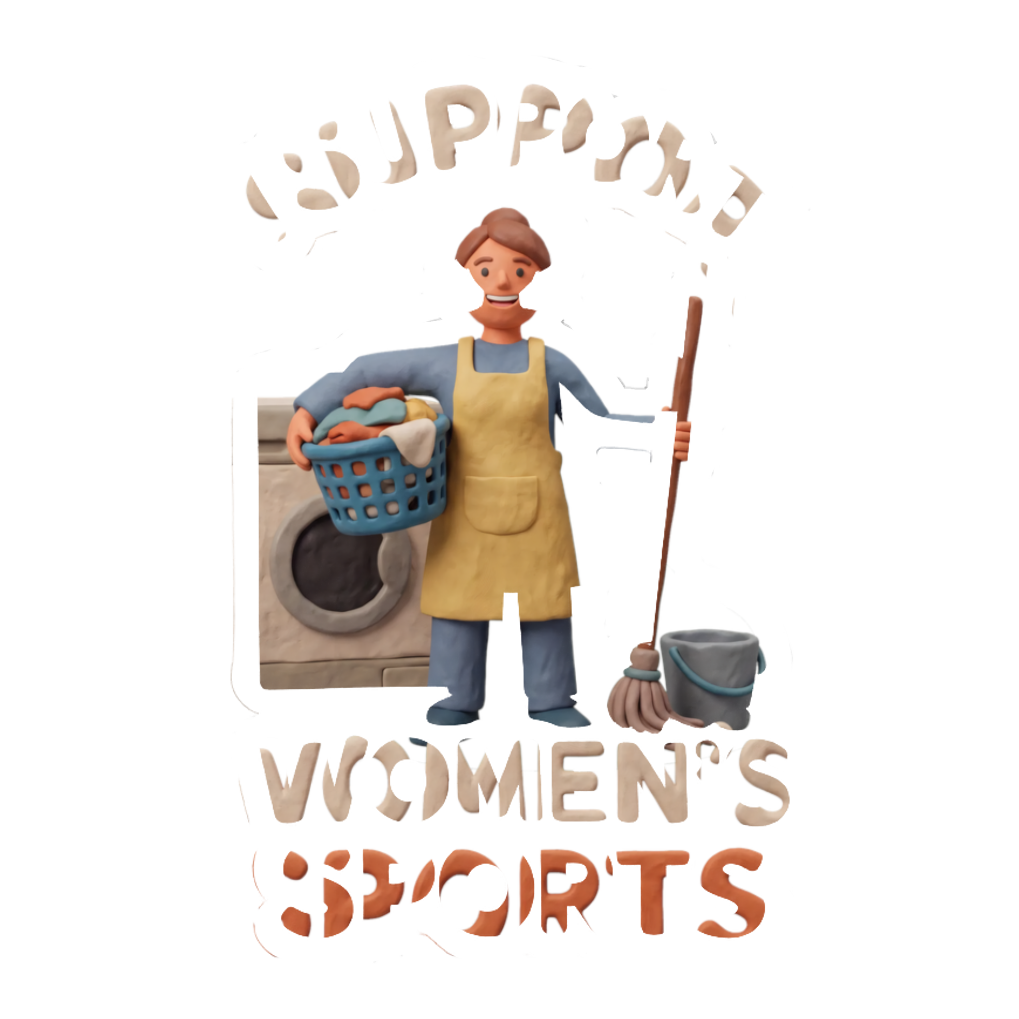 Clay mom doing household chores with laundry and mop, I SUPPORT WOMEN'S SPORTS, on a sticker — White