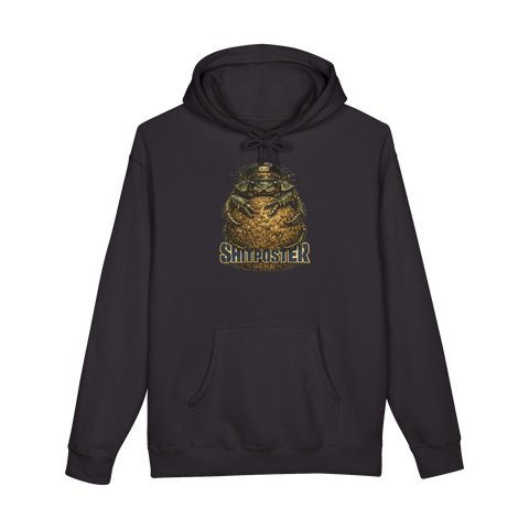 A vintage-style illustration of a dung beetle delivering mail, titled The Victorian Shitposter on a hoodie.
