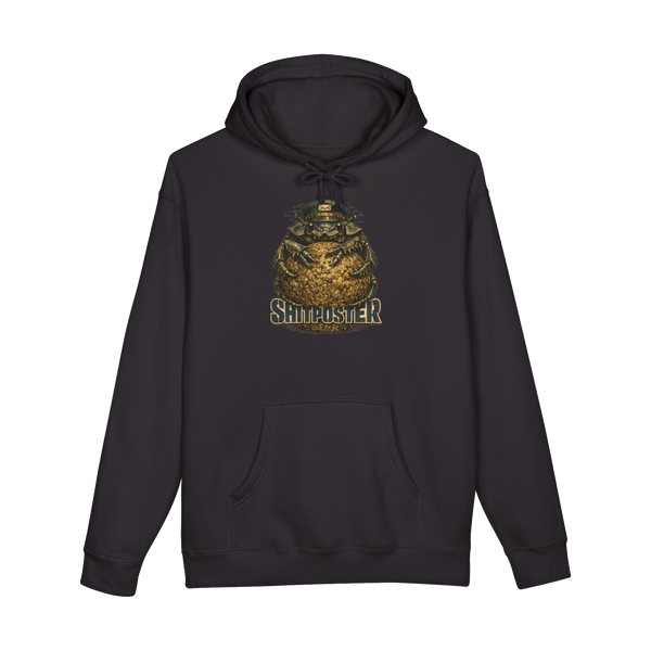 A vintage-style illustration of a dung beetle delivering mail, titled The Victorian Shitposter on a hoodie.
