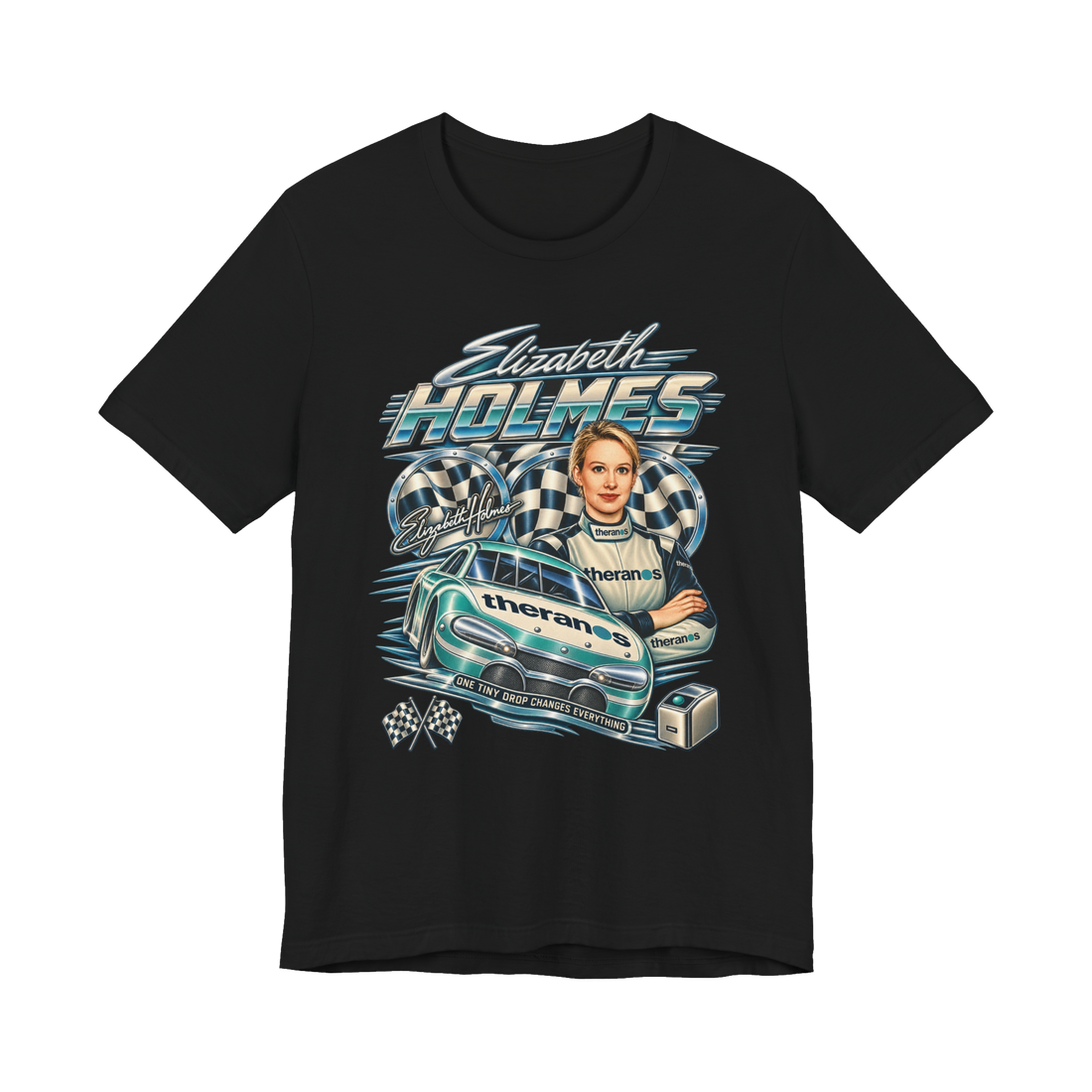 Theranos Racing Team T-Shirt — Elizabeth Holmes Nascar 90S Bootleg — Black