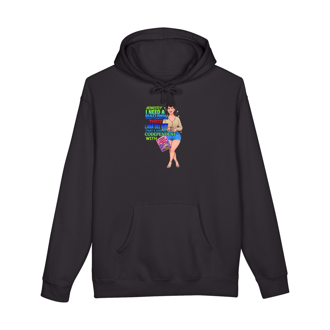 A graphic hoodie featuring a nostalgic, chaotic 2000s WordArt meme about Lana Del Rey and codependency.