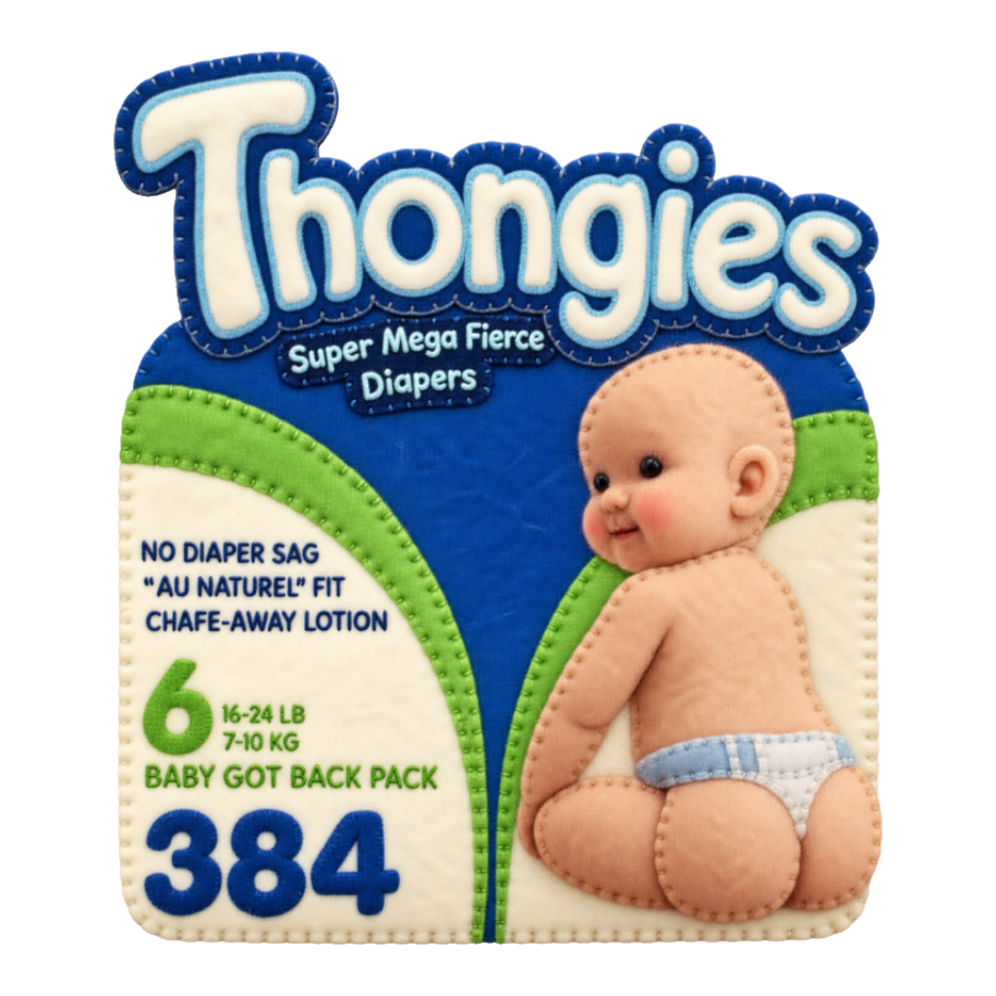 Thongies Super Mega Fierce Sticker — Diaper Parody Cursed Parenting — White