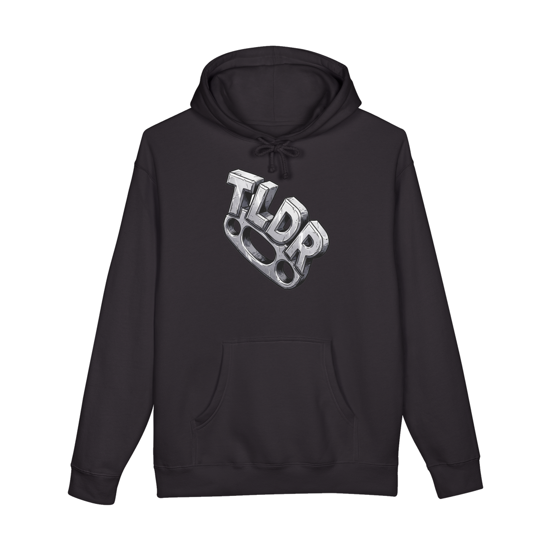 Brass knuckles whose four striking points spell TLDR, on a hoodie — Black