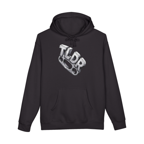 Brass knuckles whose four striking points spell TLDR, on a hoodie — Black