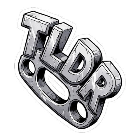 Chrome brass knuckles whose ridges spell TLDR, on a sticker — White