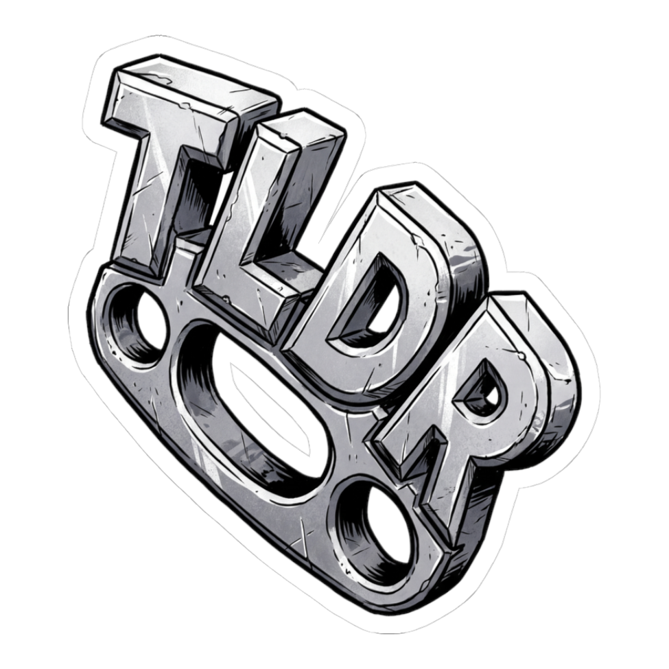 Chrome brass knuckles whose ridges spell TLDR, on a sticker — White