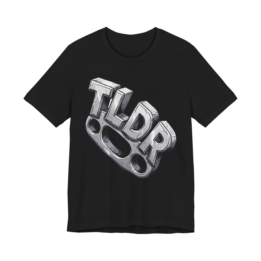 Brass knuckles whose four striking points spell TLDR, on a t-shirt — Black