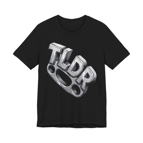 Brass knuckles whose four striking points spell TLDR, on a t-shirt — Black