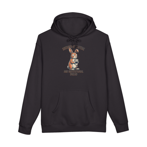 A funny hoodie featuring a traumatized unblinking cartoon rabbit staring blankly after seeing the Q3 roadmap.