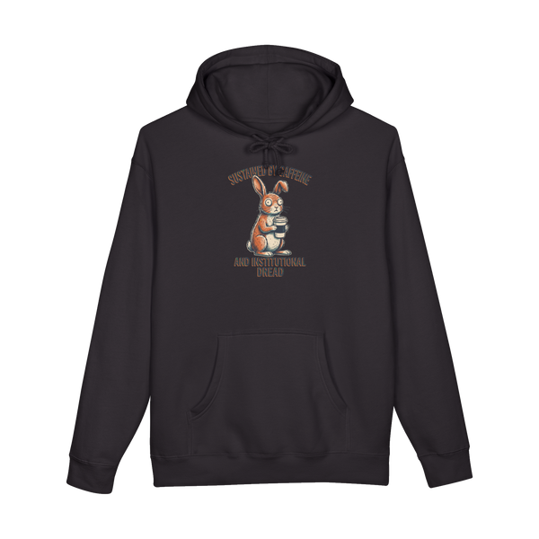 A funny hoodie featuring a traumatized unblinking cartoon rabbit staring blankly after seeing the Q3 roadmap.