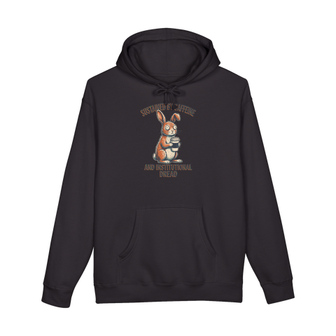 Corporate burnout rabbit, wide-eyed, clutching coffee, sustained by institutional dread, on a hoodie — Black