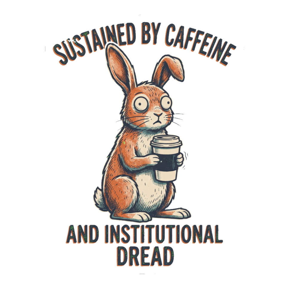 Wide-eyed bunny gripping coffee, Sustained By Caffeine And Institutional Dread, on a sticker — White