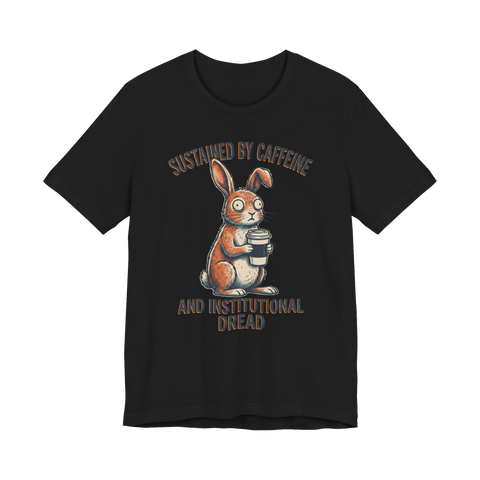 Funny corporate t-shirt featuring a traumatized cartoon rabbit staring wide-eyed after seeing the Q3 roadmap.