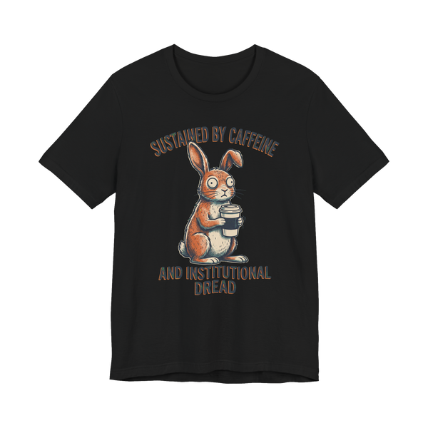 Funny corporate t-shirt featuring a traumatized cartoon rabbit staring wide-eyed after seeing the Q3 roadmap.