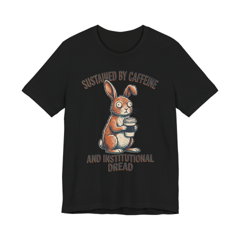 Corporate burnout rabbit, wide-eyed, clutching coffee, sustained by institutional dread, on a t-shirt — Black