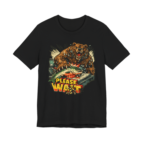 A confused bear holding a fish at a grocery store self-checkout kiosk on a t-shirt
