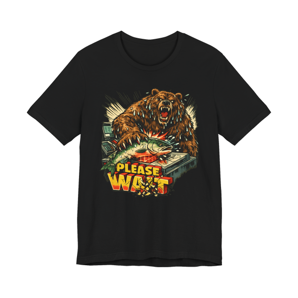 A confused bear holding a fish at a grocery store self-checkout kiosk on a t-shirt
