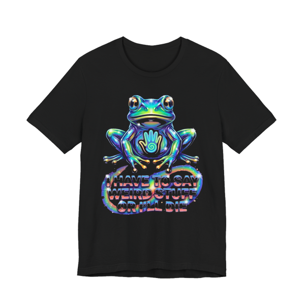 Neon 80s airbrush style frog with text reading Unintelligible For My Own Safety on a t-shirt