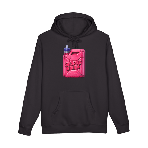 Metal jerrycan for gasoline with a sports-bottle pull cap and SPORTS DRINK stamped on it, on a hoodie — Black