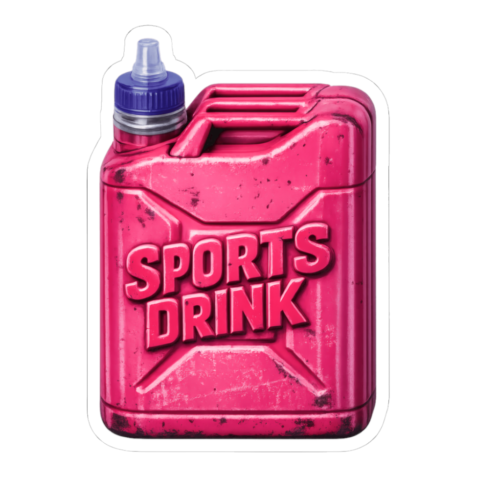 Battered gasoline jerrycan fitted with a squeeze sports bottle cap, embossed SPORTS DRINK, on a sticker — White