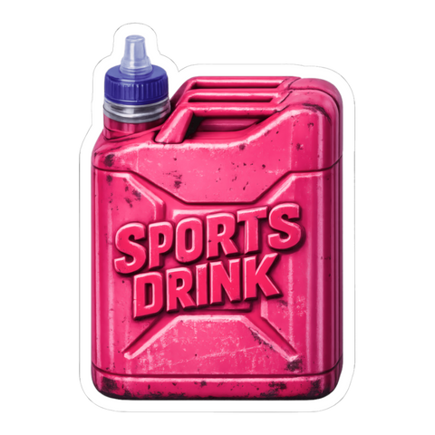 Battered gasoline jerrycan fitted with a squeeze sports bottle cap, embossed SPORTS DRINK, on a sticker — White