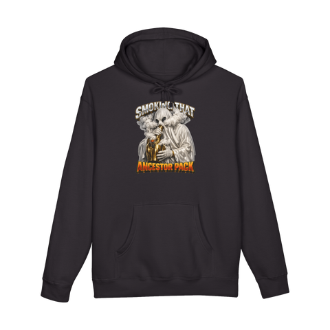 Sheet ghost ripping a ghost bong made from a brass urn: Smoking That Ancestor Pack, on a hoodie — Black
