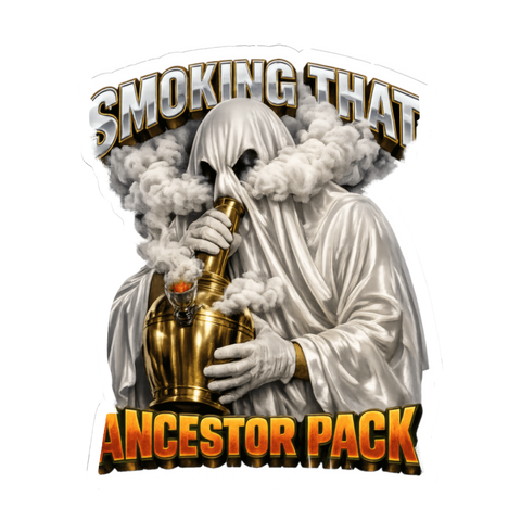 Sheet ghost ripping a ghost bong made from a brass urn: Smoking That Ancestor Pack, on a sticker — White
