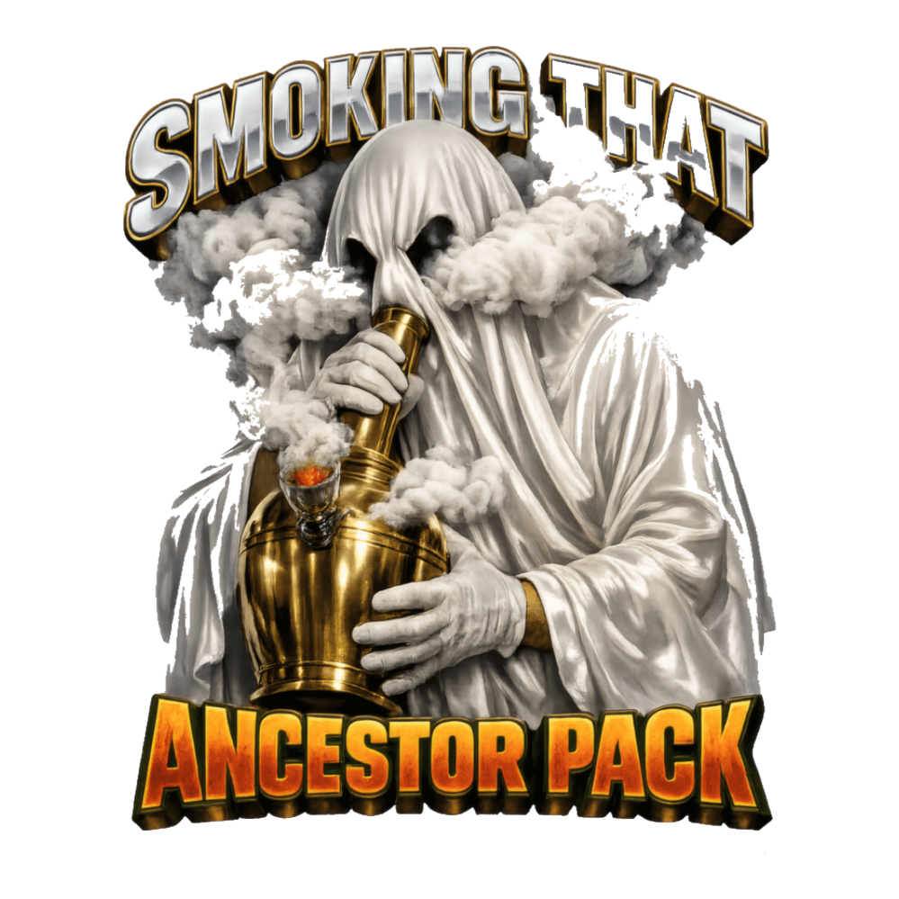 Sheet ghost ripping a ghost bong made from a brass urn: Smoking That Ancestor Pack, on a sticker — White