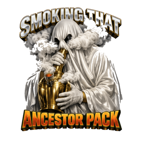 Sheet ghost ripping a ghost bong made from a brass urn: Smoking That Ancestor Pack, on a sticker — White