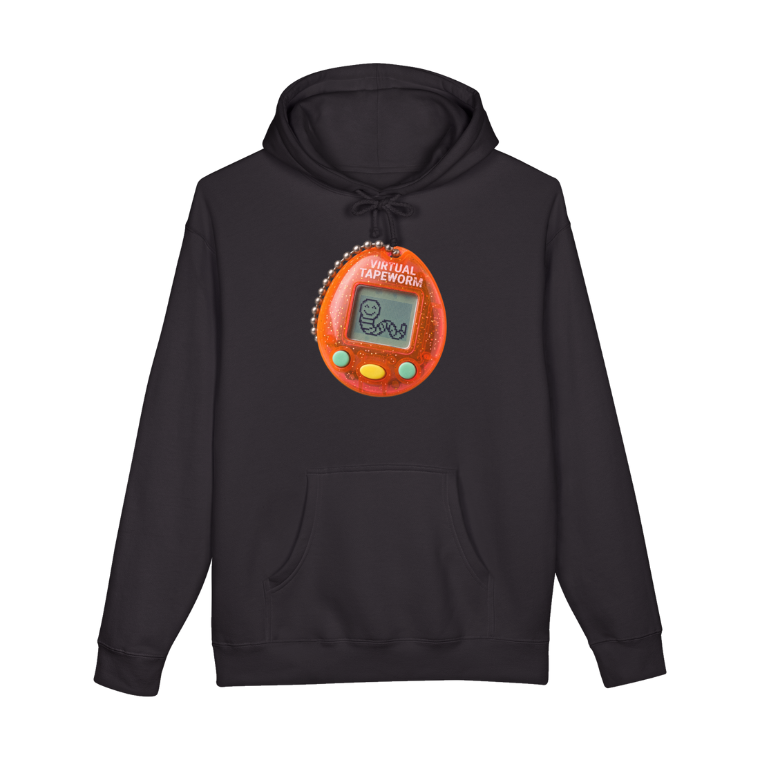 Tamagotchi-style keychain toy whose pixel pet is a smiling tapeworm, on a hoodie — Black