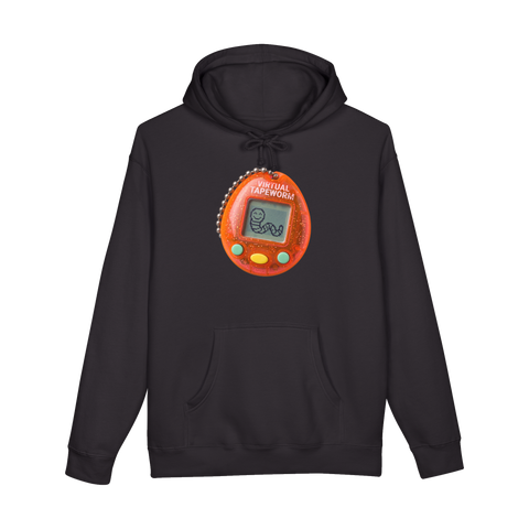 Tamagotchi-style keychain toy whose pixel pet is a smiling tapeworm, on a hoodie — Black
