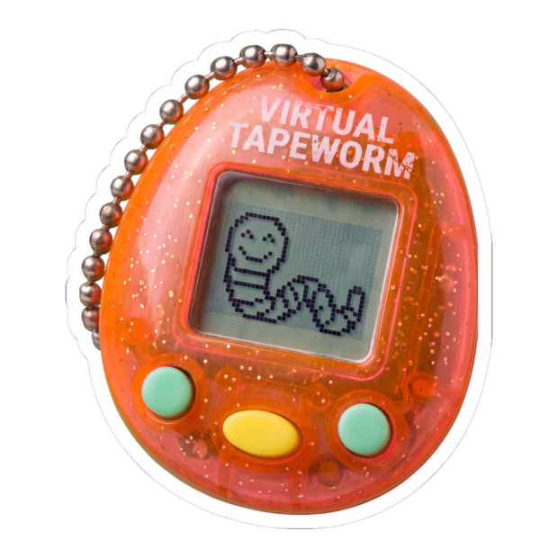 Tamagotchi-style keychain toy whose pixel pet is a smiling tapeworm, on a sticker — White