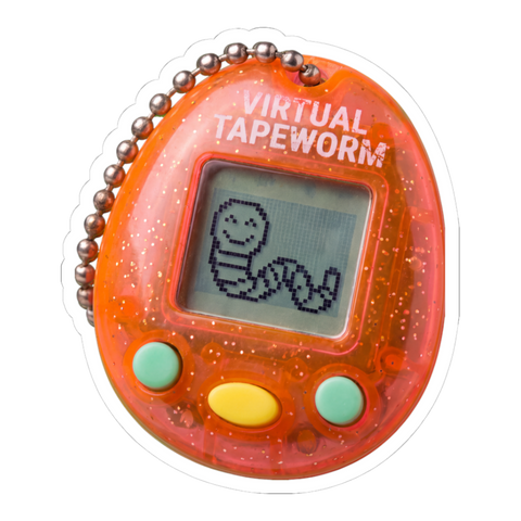 Tamagotchi-style keychain toy whose pixel pet is a smiling tapeworm, on a sticker — White
