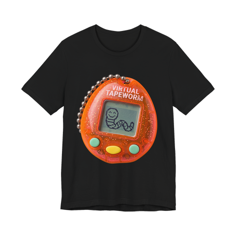 Tamagotchi-style keychain toy whose pixel pet is a smiling tapeworm, on a t-shirt — Black