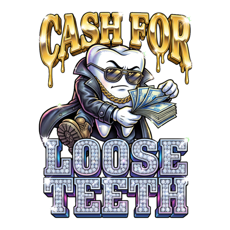 Gangster tooth in shades counting cash, buying loose teeth: Cash For Loose Teeth, on a sticker — White