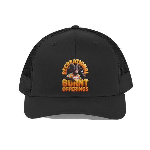 Dad hat featuring an aggressively cheerful 3D corporate mascot making a burnt offering on a BBQ grill.