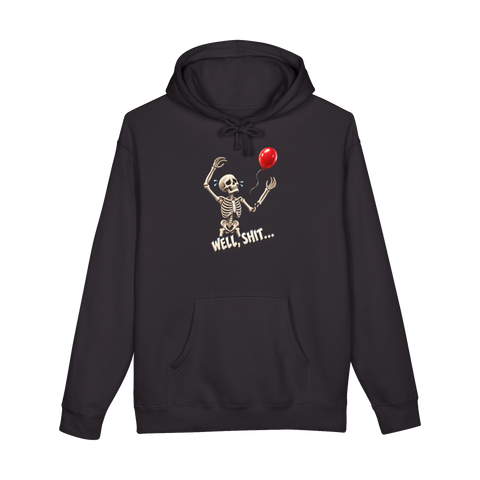 Crying skeleton loses its arm reaching for a red balloon: Well, Shit, on a hoodie — Black