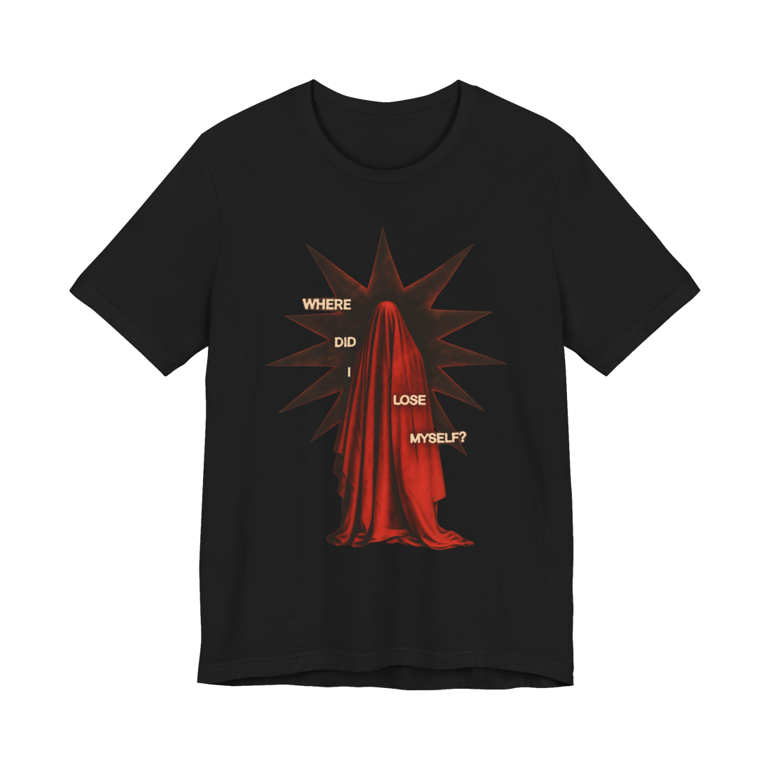 Where Did I Lose Myself T-Shirt — Red Draped Figure Existential Art — Black