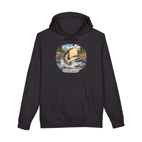 Funny fishing hoodie design showing an angler holding a majestic slice of wild caught white bread like a trophy fish.