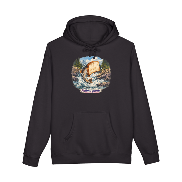 Funny fishing hoodie design showing an angler holding a majestic slice of wild caught white bread like a trophy fish.