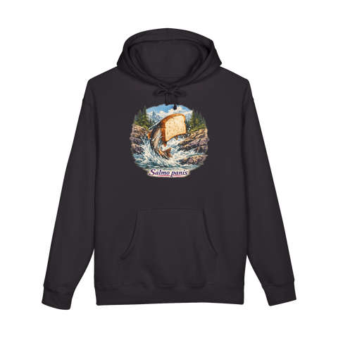 Fly fishing scene of a leaping trout with a slice of white bread, labelled Salmo panis, on a hoodie — Black