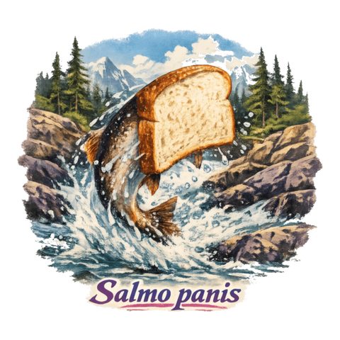 Fly fishing scene: trout leaping from a river with a white bread slice head, on a sticker — White