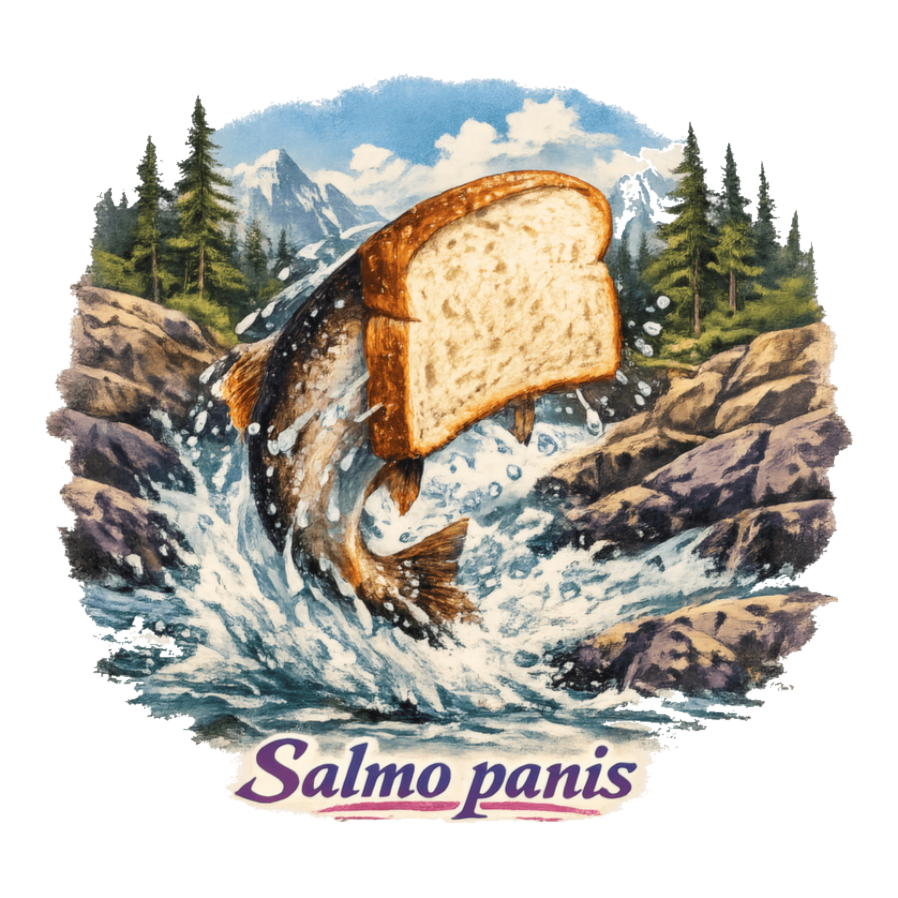 Fly fishing scene: trout leaping from a river with a white bread slice head, on a sticker — White