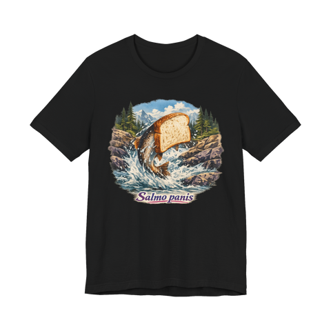 Fly fishing scene of a leaping trout with a slice of white bread, labelled Salmo panis, on a t-shirt — Black