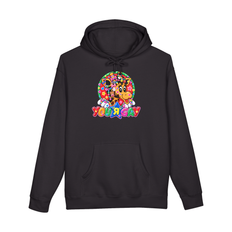 A colorful 90s nostalgia parody hoodie featuring a retro toy store logo that says You R Gay.